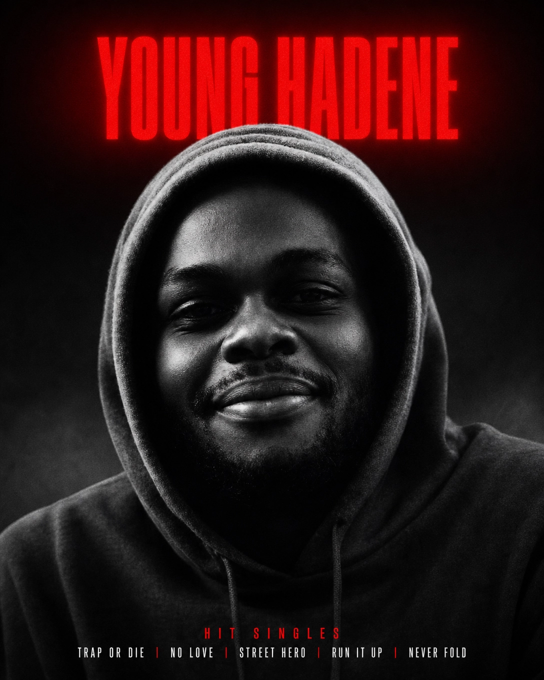 Young Hadene dark trap poster — cinematic Toronto music visual with red neon glow
